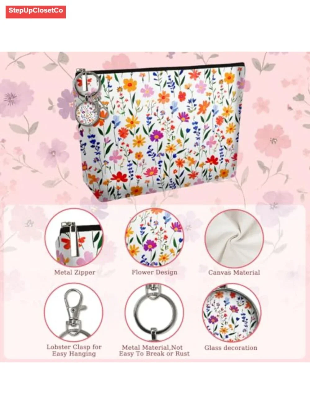 Bulk 12 Canvas Cosmetic Bags with 12 Keychains Wildflower Toiletry Organizer